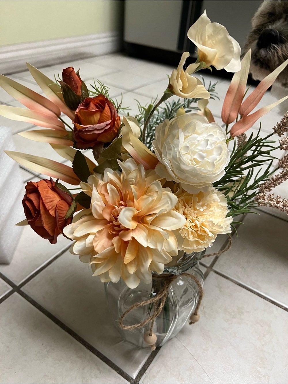 Artificial Cream and Peach Floral Arrangement in Glass Vase